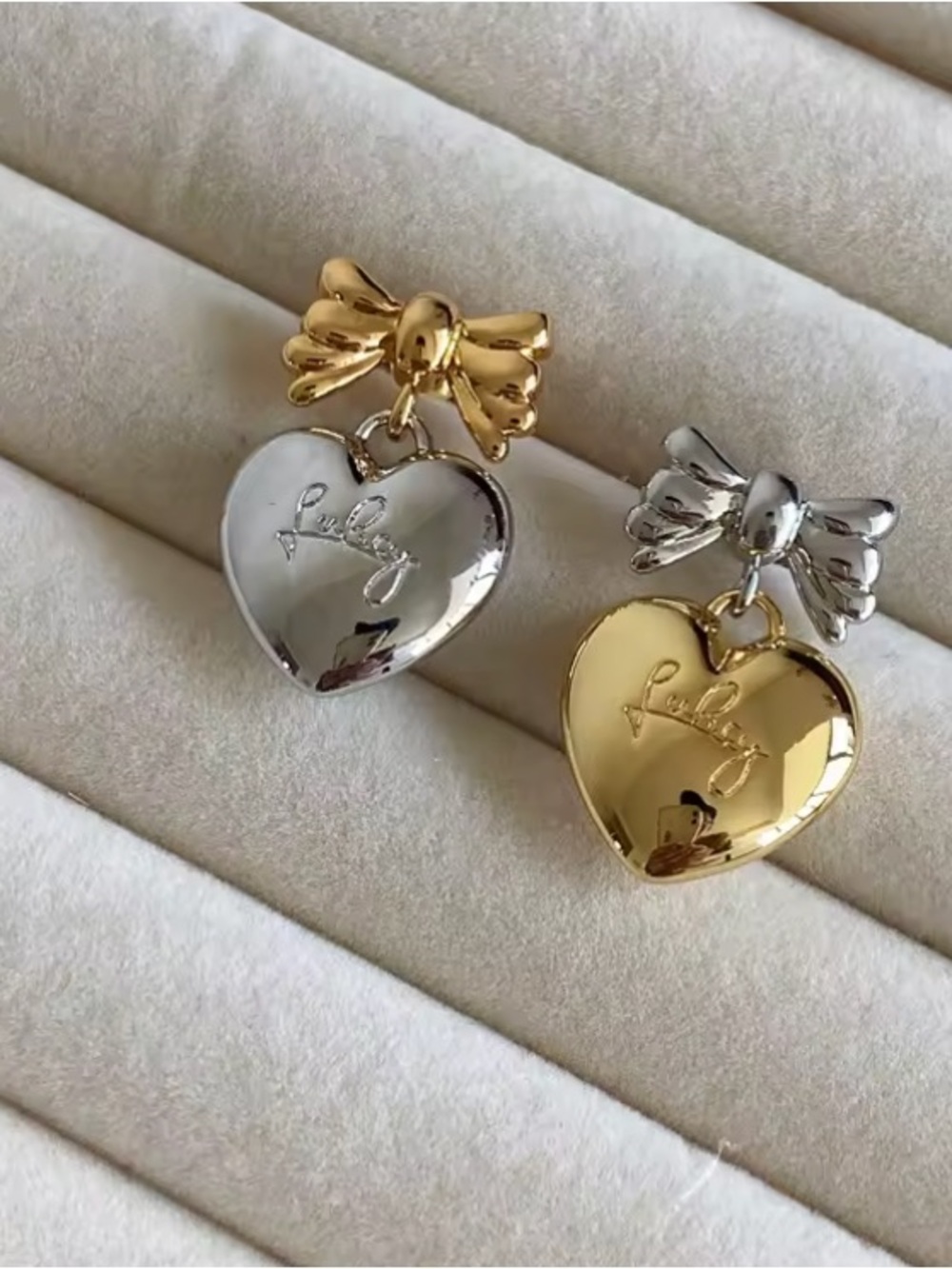 Dual Tone Gold & Silver Heart Bow Drop Earrings - Engraved with Lucky NEW!!